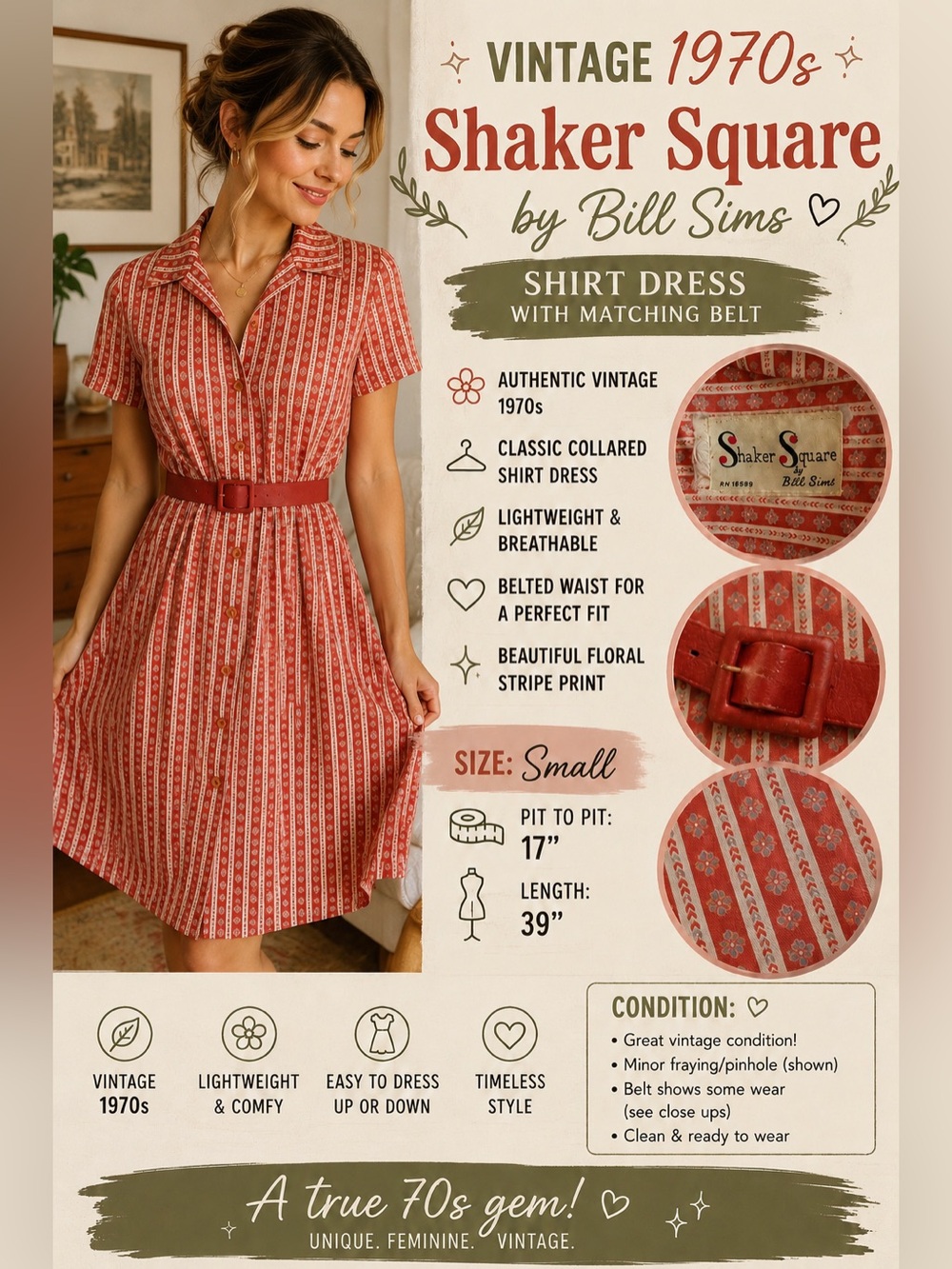 Vintage 1970s Shaker Square by Bill Sims Shirt Dress Red Floral Stripe Belted